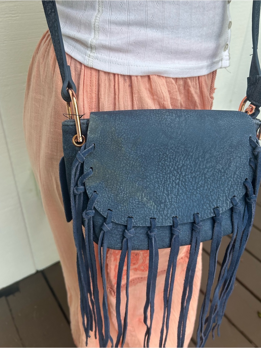 Free People Suede Blue Fringe Handbag Crossbody NWOT - Picture 12 of 13